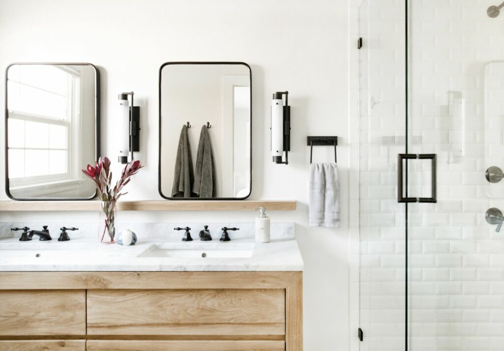 Bathroom with Wooden Built-In Shelves