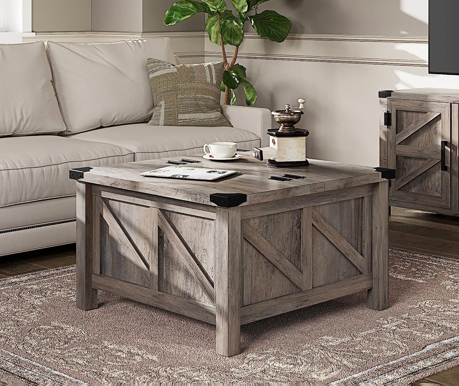 Rustic Farmhouse Square Coffee Table with Storage